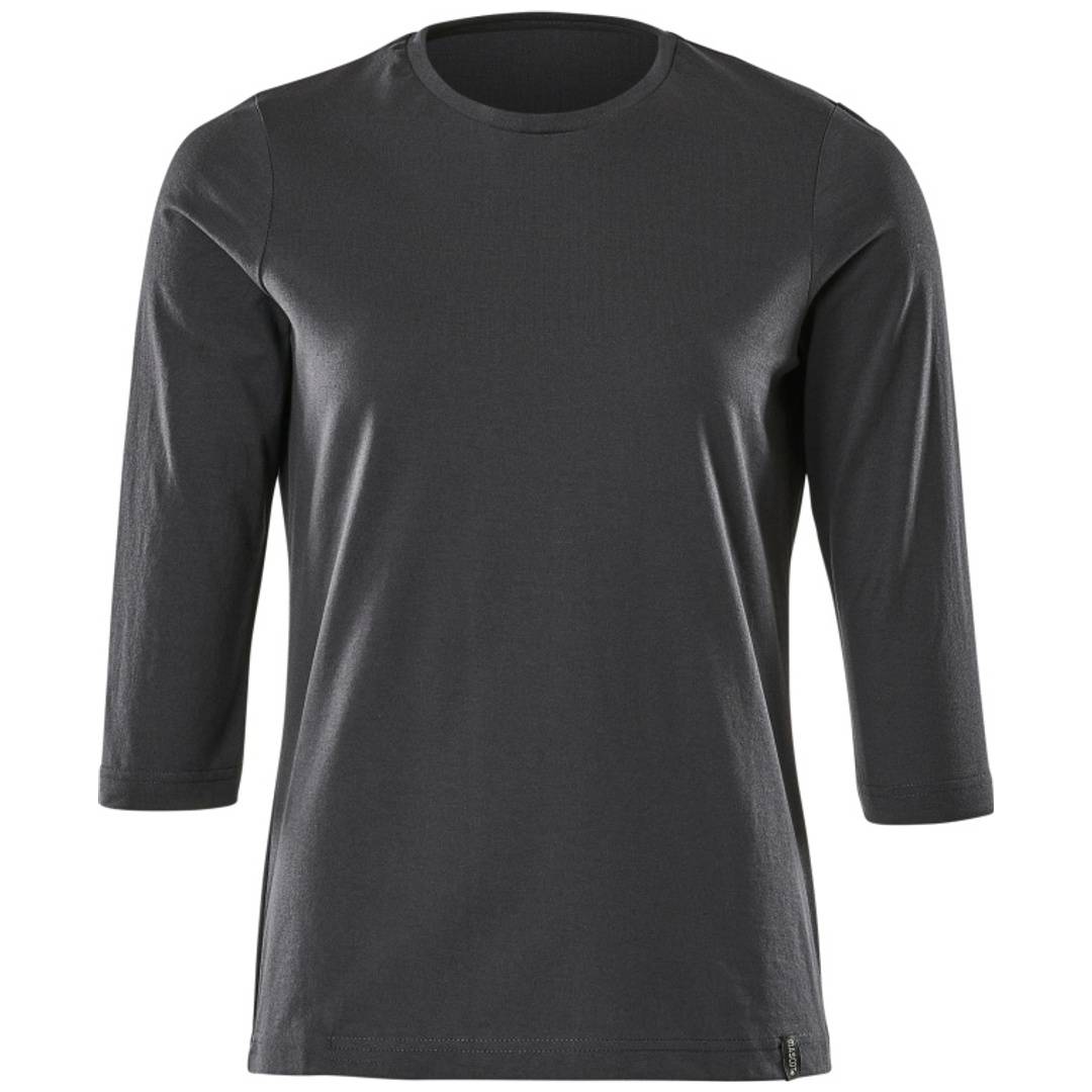 Dunkelgraues Langarm-Rundhals-Shirt auf einfachem weißem Hintergrund, Vorderansicht gezeigt.