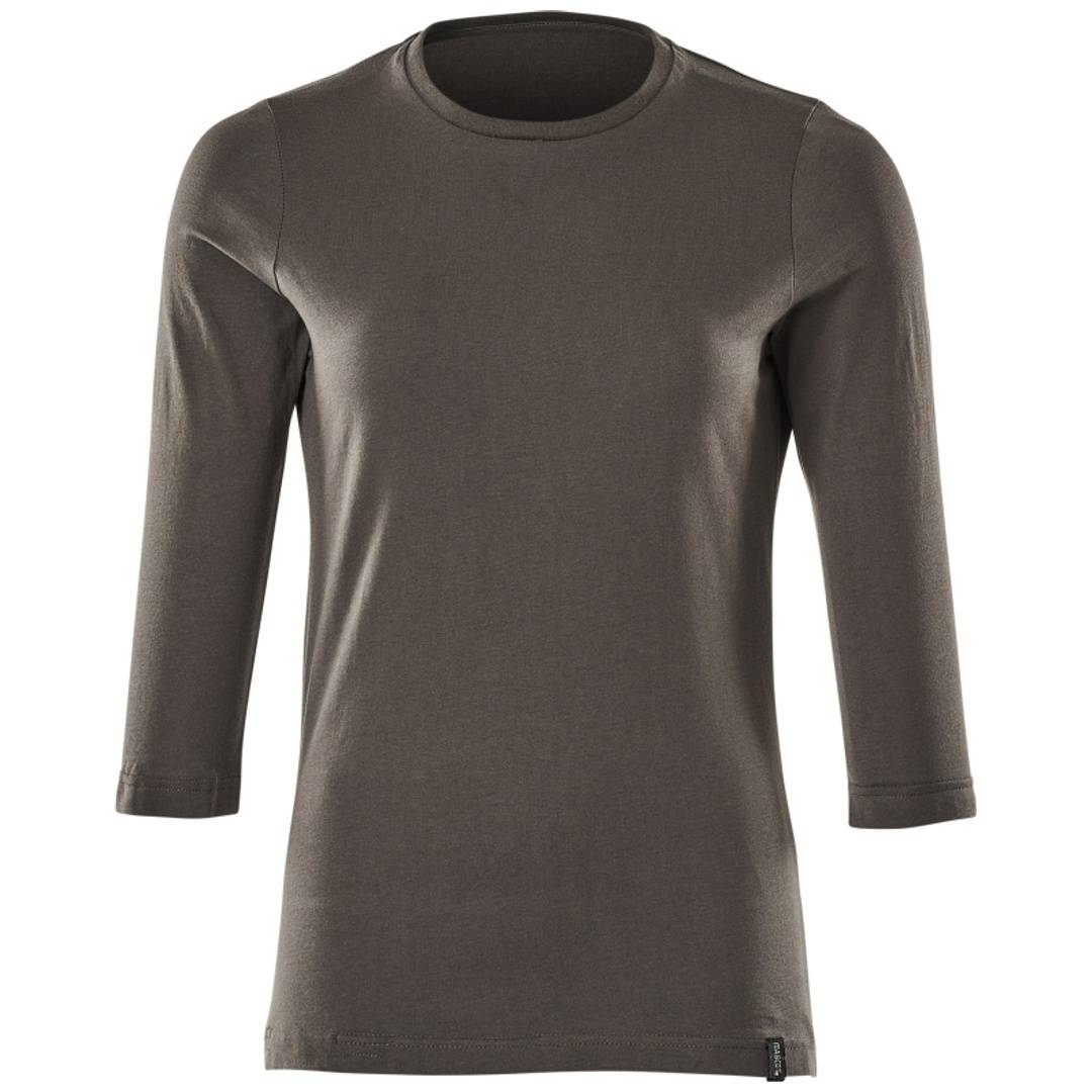 Braunes Langarm-T-Shirt mit Rundhalsausschnitt in Vorderansicht auf weißem Hintergrund.