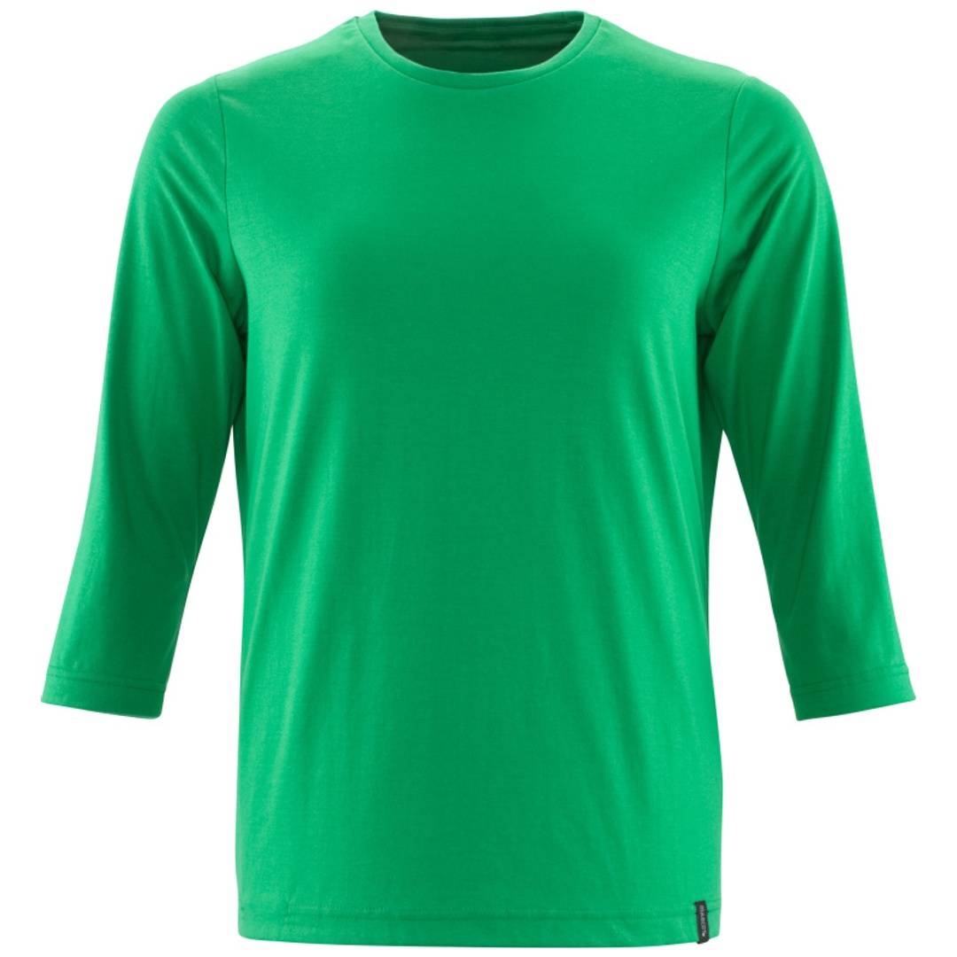 Grünes Langarm-Crewneck-Hemd in Vorderansicht auf einfachem weißem Hintergrund.