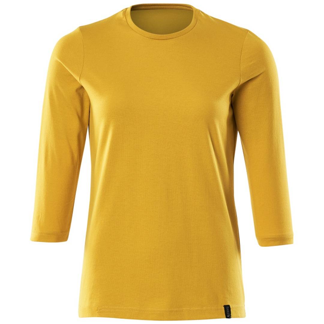 Senfsgelbes Langarm-Crewneck-Shirt, flach gegen einen weißen Hintergrund fotografiert.