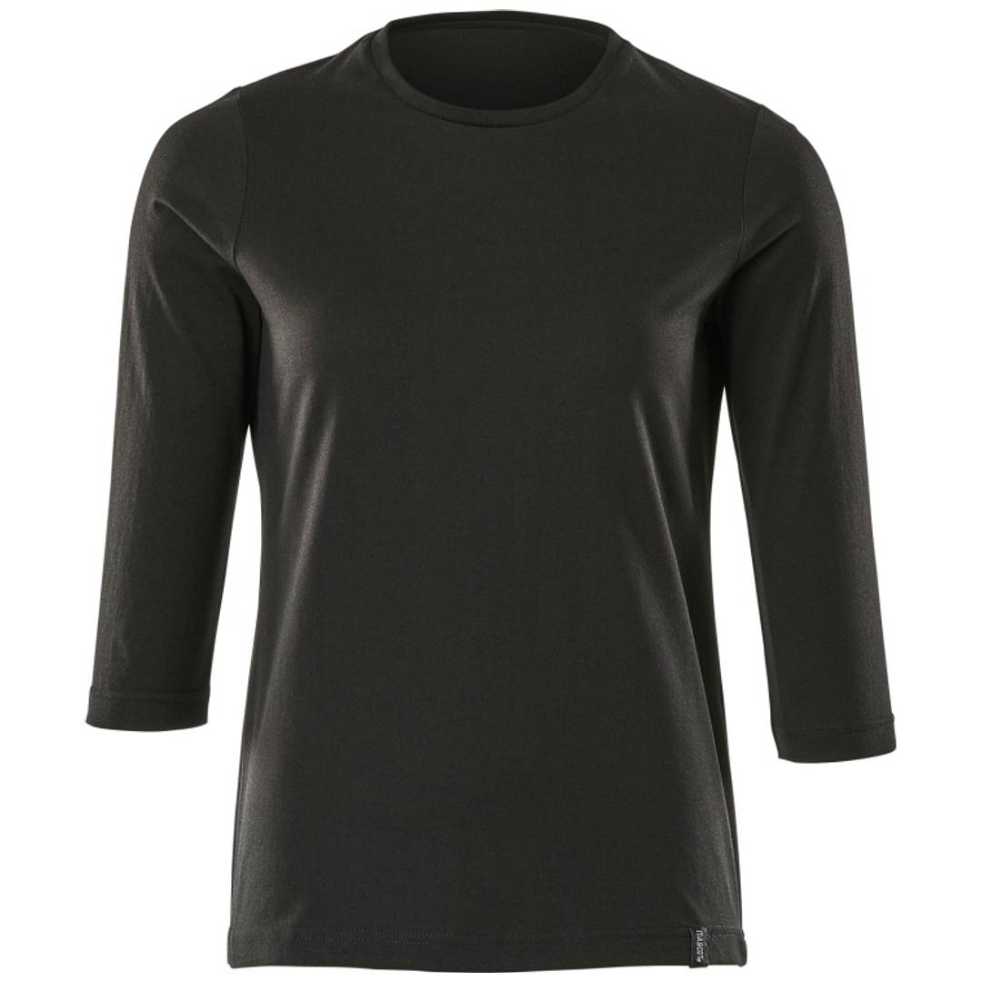 Schwarzes Langarm-Crewneck-Shirt in Vorderansicht auf einfachem weißem Hintergrund.