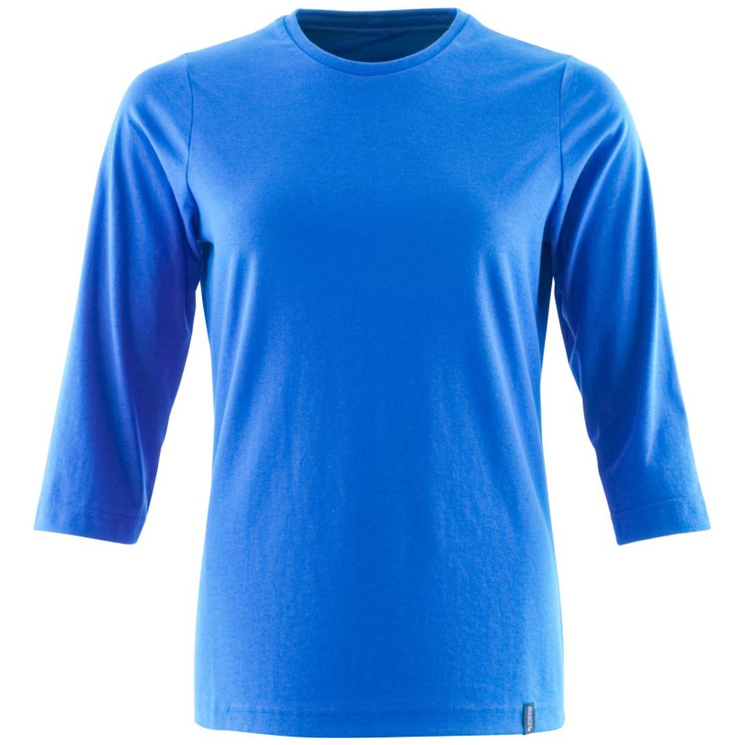 Blaues Langarm-T-Shirt mit Rundhalsausschnitt, von vorne gezeigt auf weißem Hintergrund.