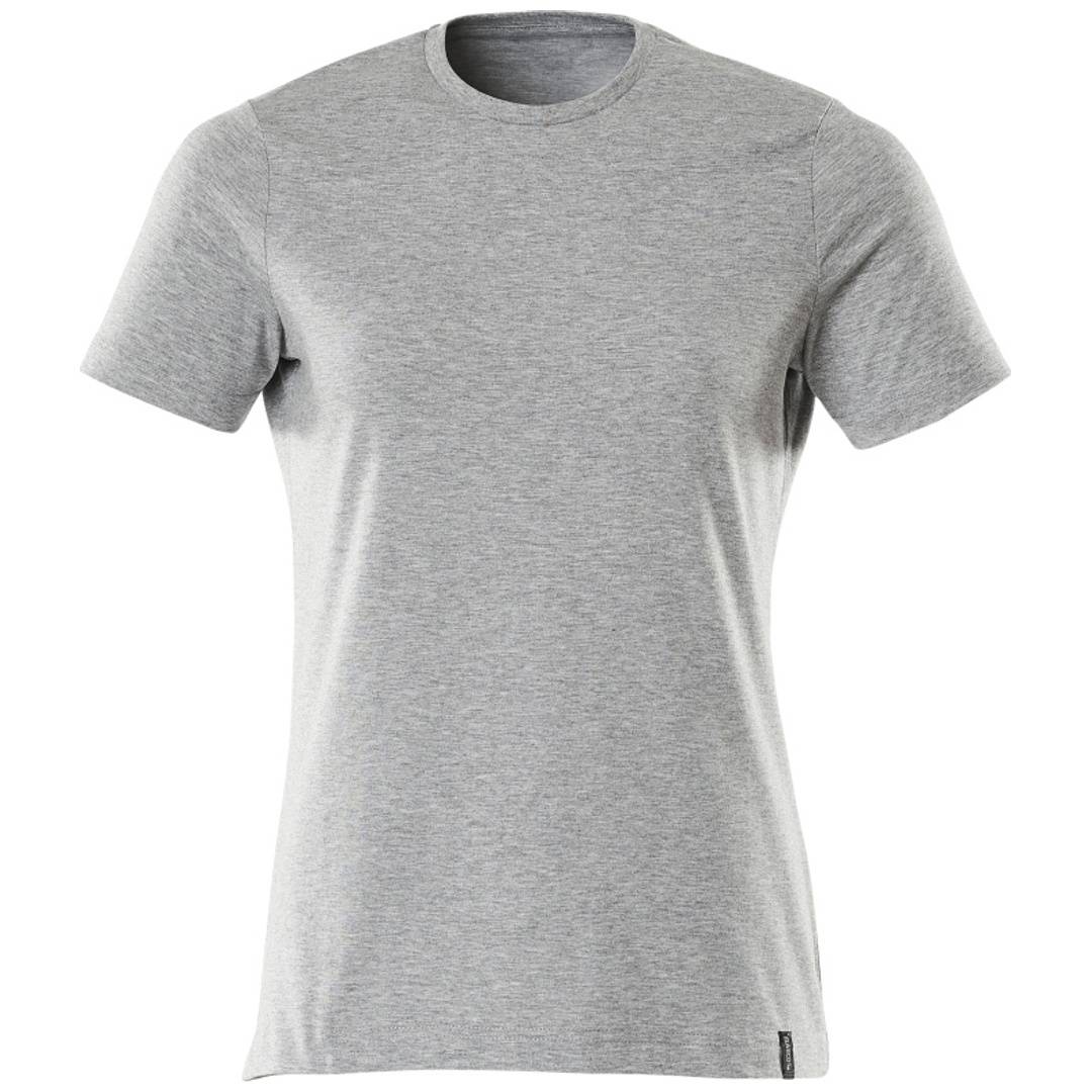 Hellgraues T-Shirt mit Kurzärmeln und Rundhalsausschnitt, Vorderansicht auf weißem Hintergrund.