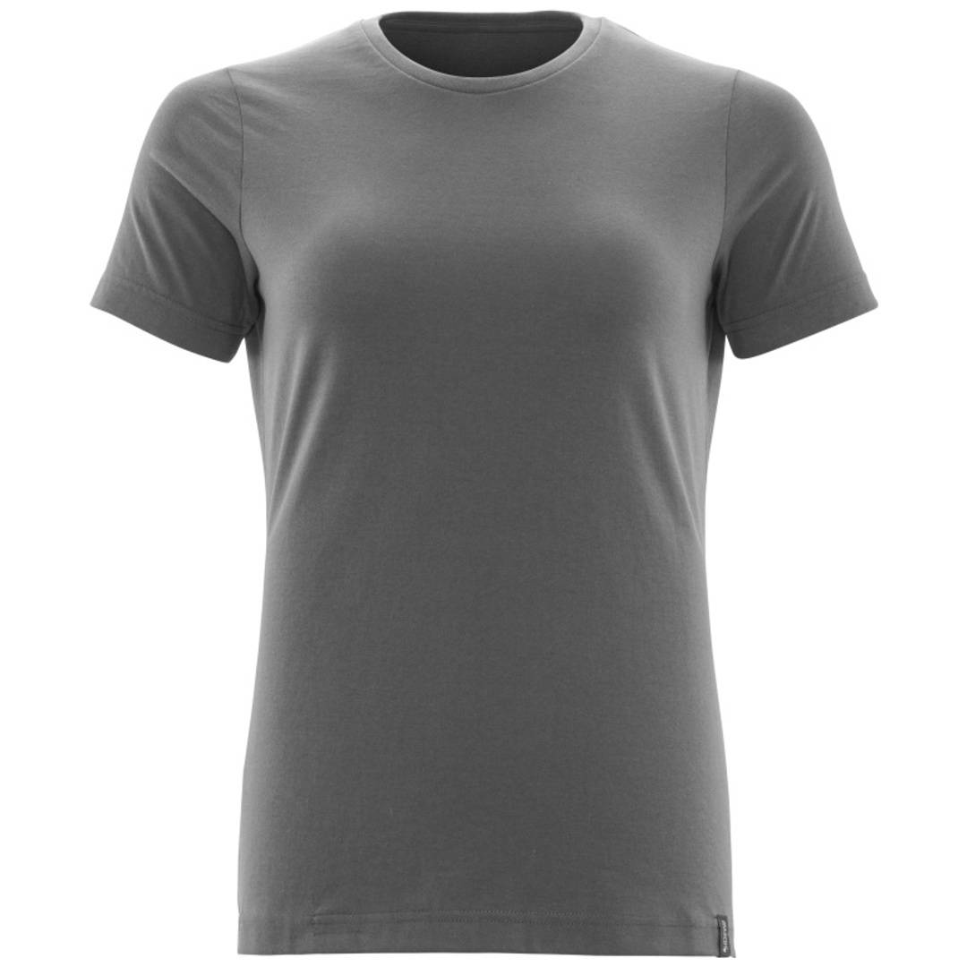 Graues kurzärmeliges Rundhals-T-Shirt in Vorderansicht auf einfachem Hintergrund gezeigt.