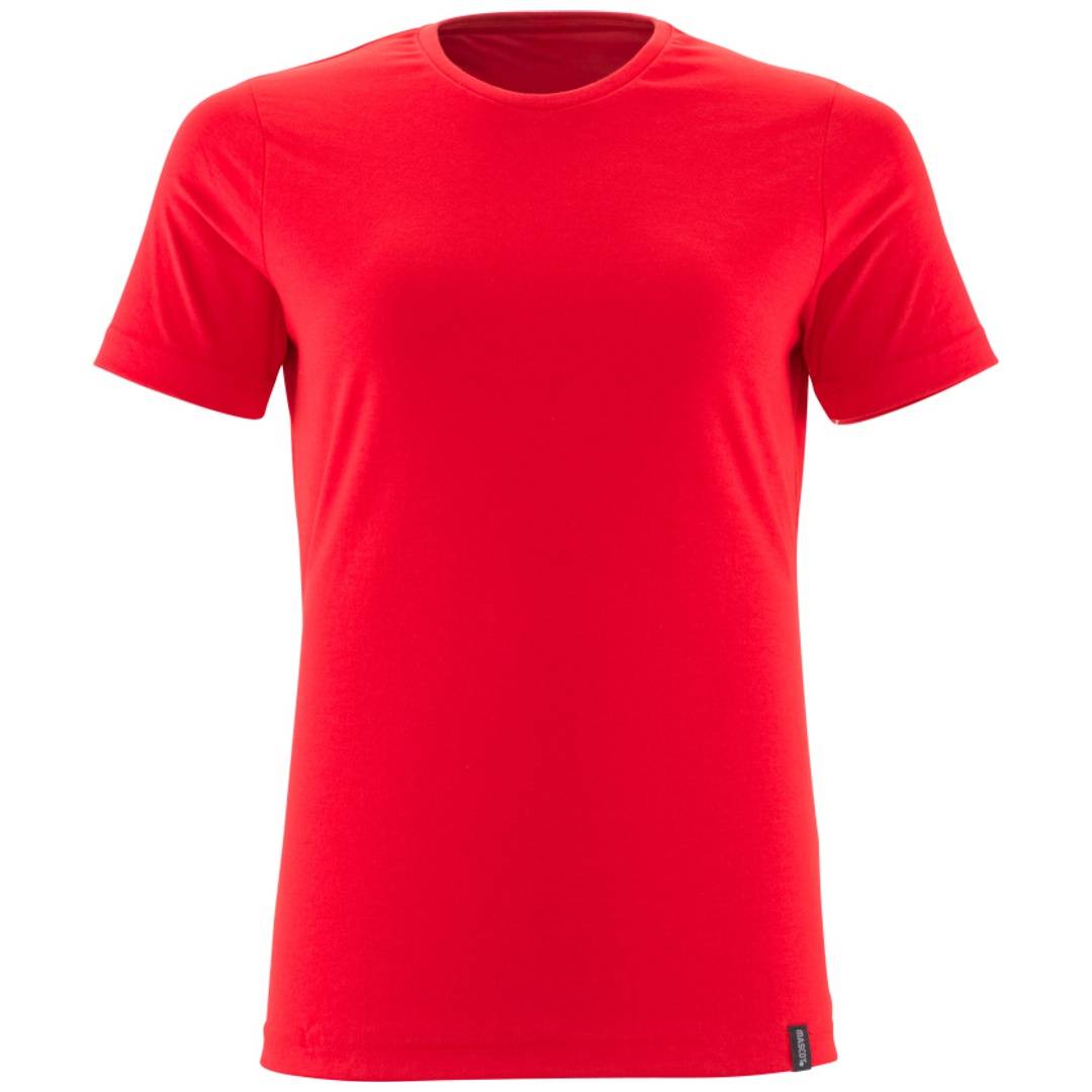 Leuchtend rotes kurzärmeliges Rundhals-T-Shirt, Vorderansicht auf einfachem weißem Hintergrund.