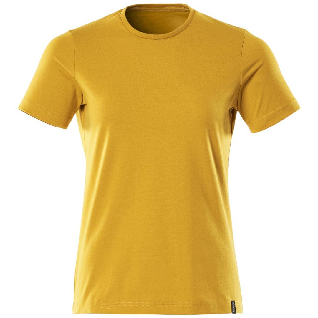 Gelbes kurzärmliges Crewneck-T-Shirt in Vorderansicht auf einfachem weißem Hintergrund.