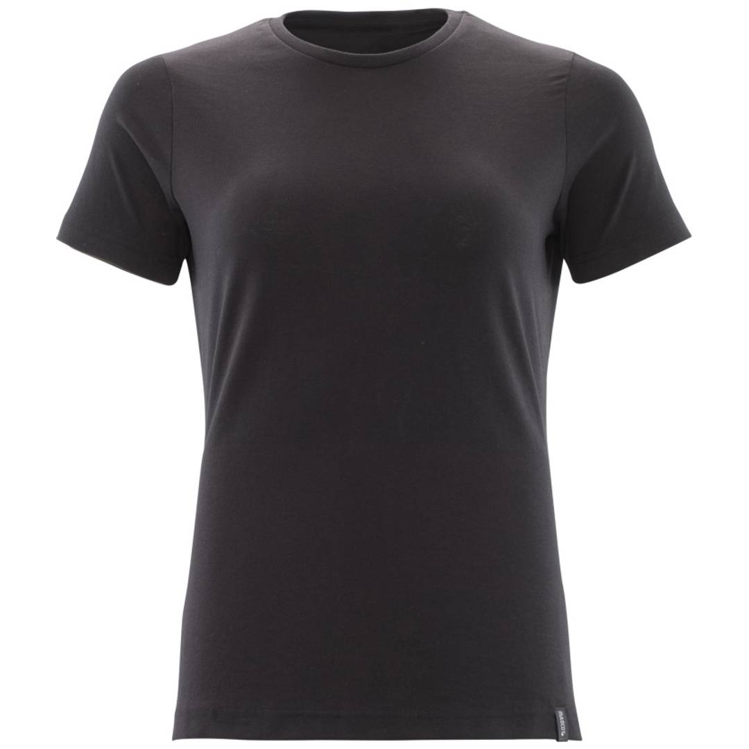 Schwarzes T-Shirt mit kurzen Ärmeln und Rundhalsausschnitt, Vorderansicht auf einfachem weißem Hintergrund gezeigt.