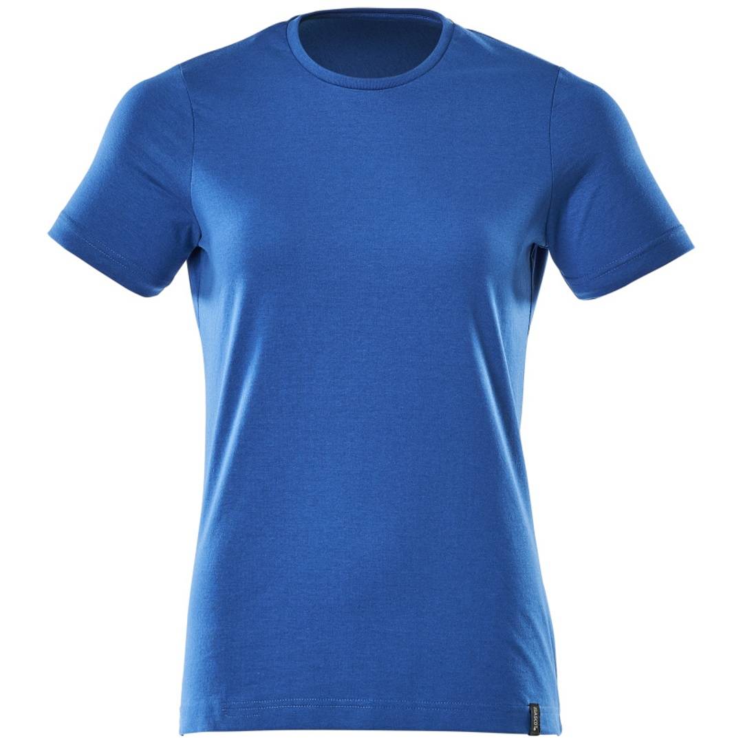 Blaues Kurzarm-T-Shirt mit Rundhalsausschnitt, Vorderansicht auf weißem Hintergrund dargestellt.