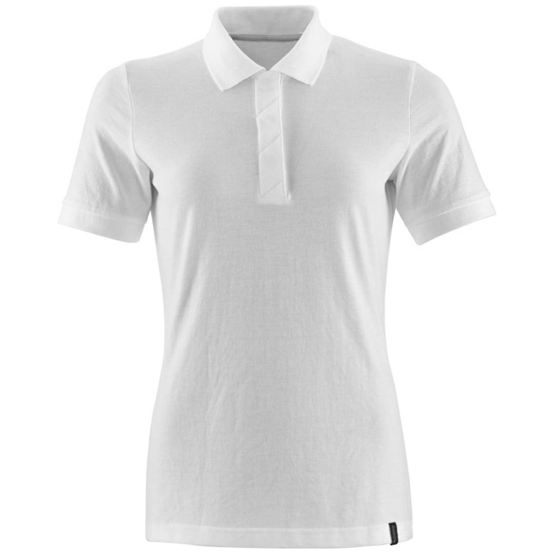 Weißes Poloshirt mit kurzen Ärmeln, von vorne gezeigt auf einfachem Hintergrund.