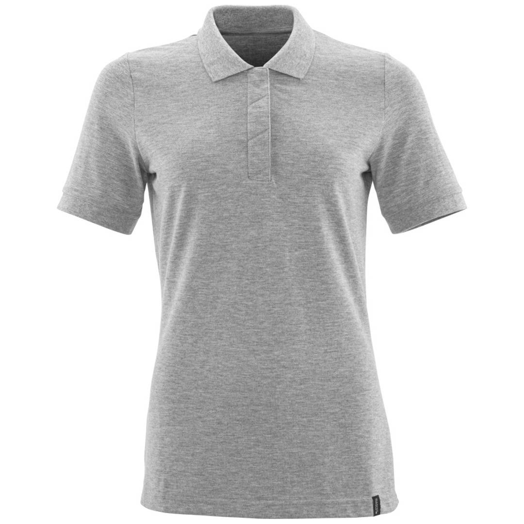 Graues Kurzarm-Poloshirt auf einfachem weißem Hintergrund.