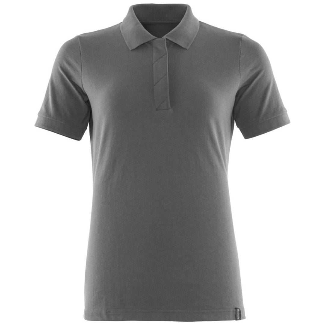 Graues Kurzarm-Poloshirt mit Kragen und dreiknöpfiger Knopfleiste, von vorne auf einfachem weißem Hintergrund dargestellt.