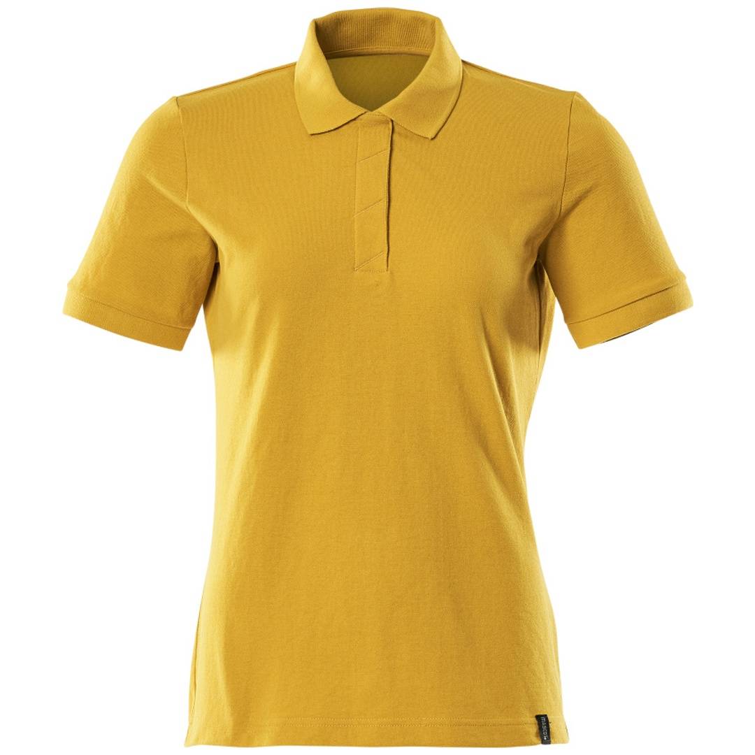 Gelbes Kurzarm-Poloshirt mit Kragen, Vorderansicht auf einfachem weißem Hintergrund.