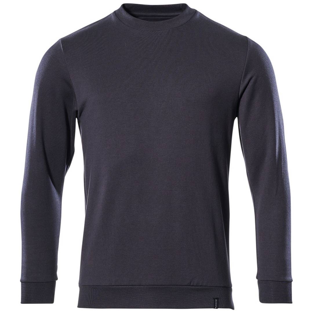 Dunkelgrau Langarm-Crewneck-Shirt mit gerippten Bündchen und Saum, Vorderansicht auf weißem Hintergrund.