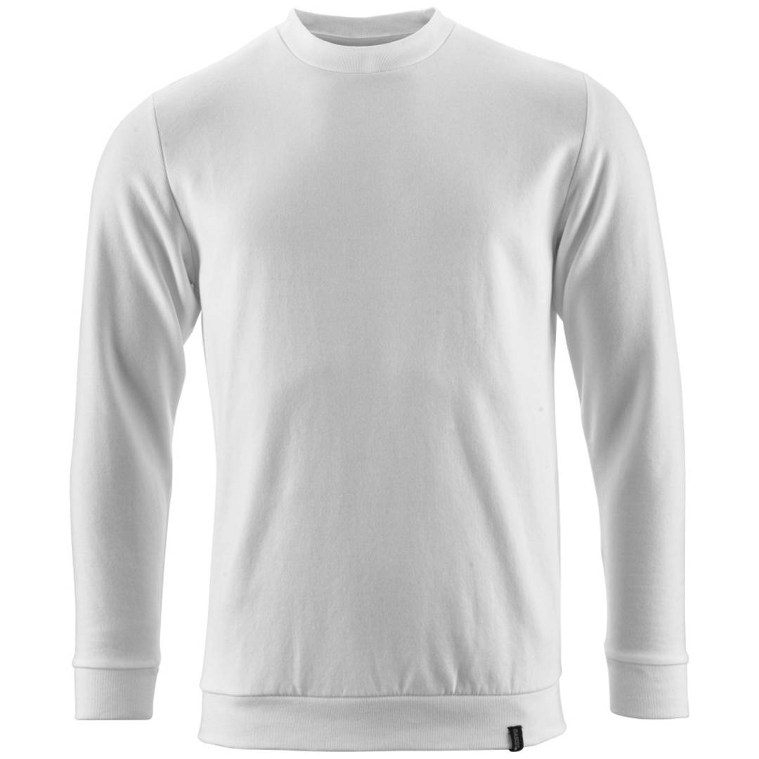 Weißer Sweatshirt mit langen Ärmeln und Rundhalsausschnitt, Vorderansicht auf einfachem Hintergrund gezeigt.