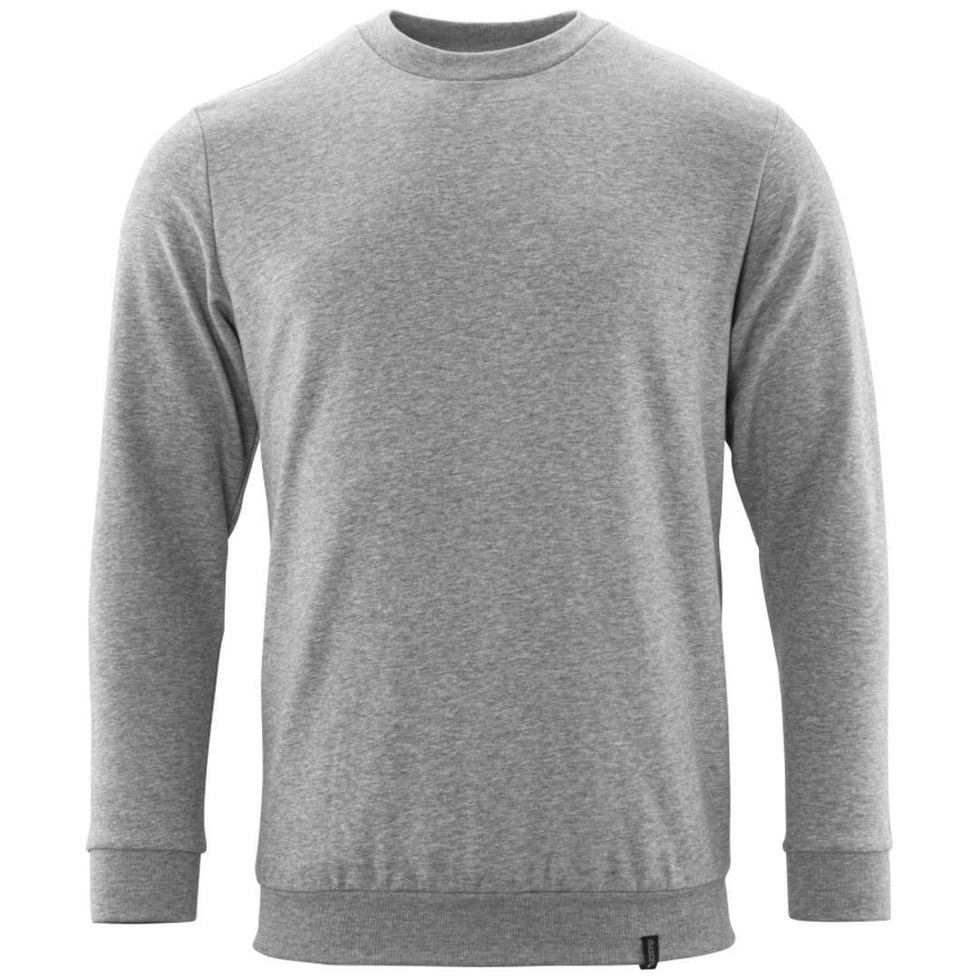 Grauer Sweatshirt mit langen Ärmeln und Rundhalsausschnitt, Vorderansicht auf einfachem weißem Hintergrund.