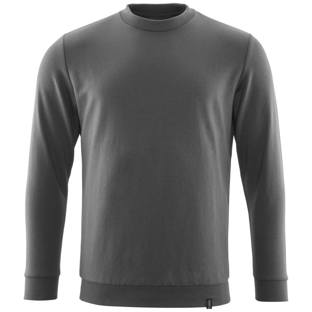 Graues Langarm-Sweatshirt mit Rundhalsausschnitt, Vorderansicht auf weißem Hintergrund dargestellt.
