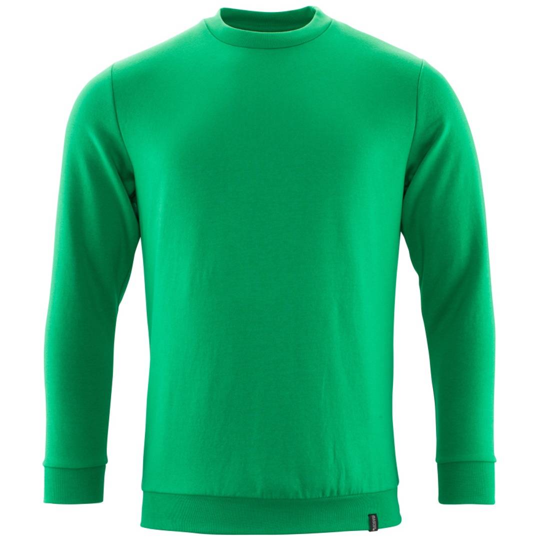 Grünes Langarm-Crewneck-Sweatshirt in Vorderansicht auf einfachem weißem Hintergrund.