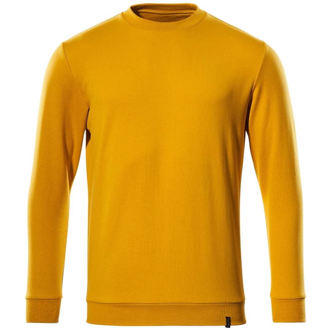 Senfgelbes Langarm-Crewneck-Shirt mit gerippten Bündchen und Saum, gezeigt auf einfachem weißem Hintergrund.