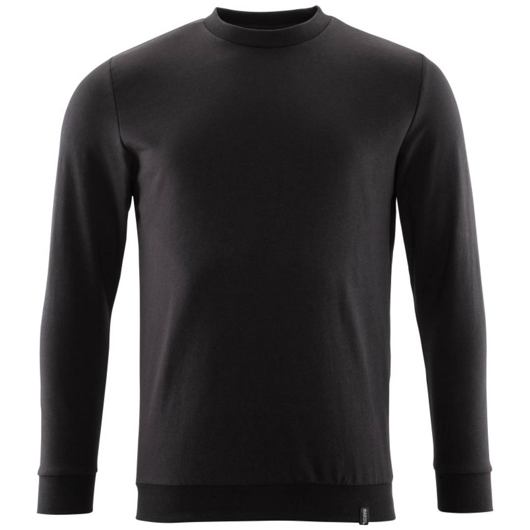 Schwarzes Langarm-Sweatshirt mit Rundhalsausschnitt, frontal auf einfachem weißem Hintergrund gezeigt.