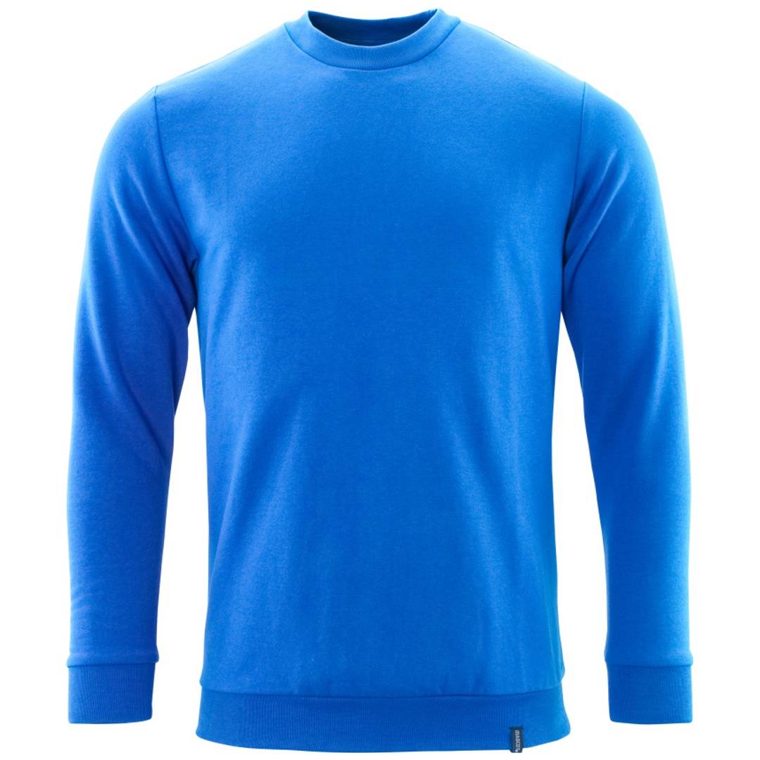 Blaues Langarm-Crewneck-Shirt von vorne auf weißem Hintergrund abgebildet.