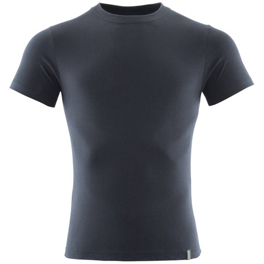 Dunkelgraues Kurzarm-T-Shirt mit Rundhalsausschnitt, flach auf weißem Hintergrund dargestellt.
