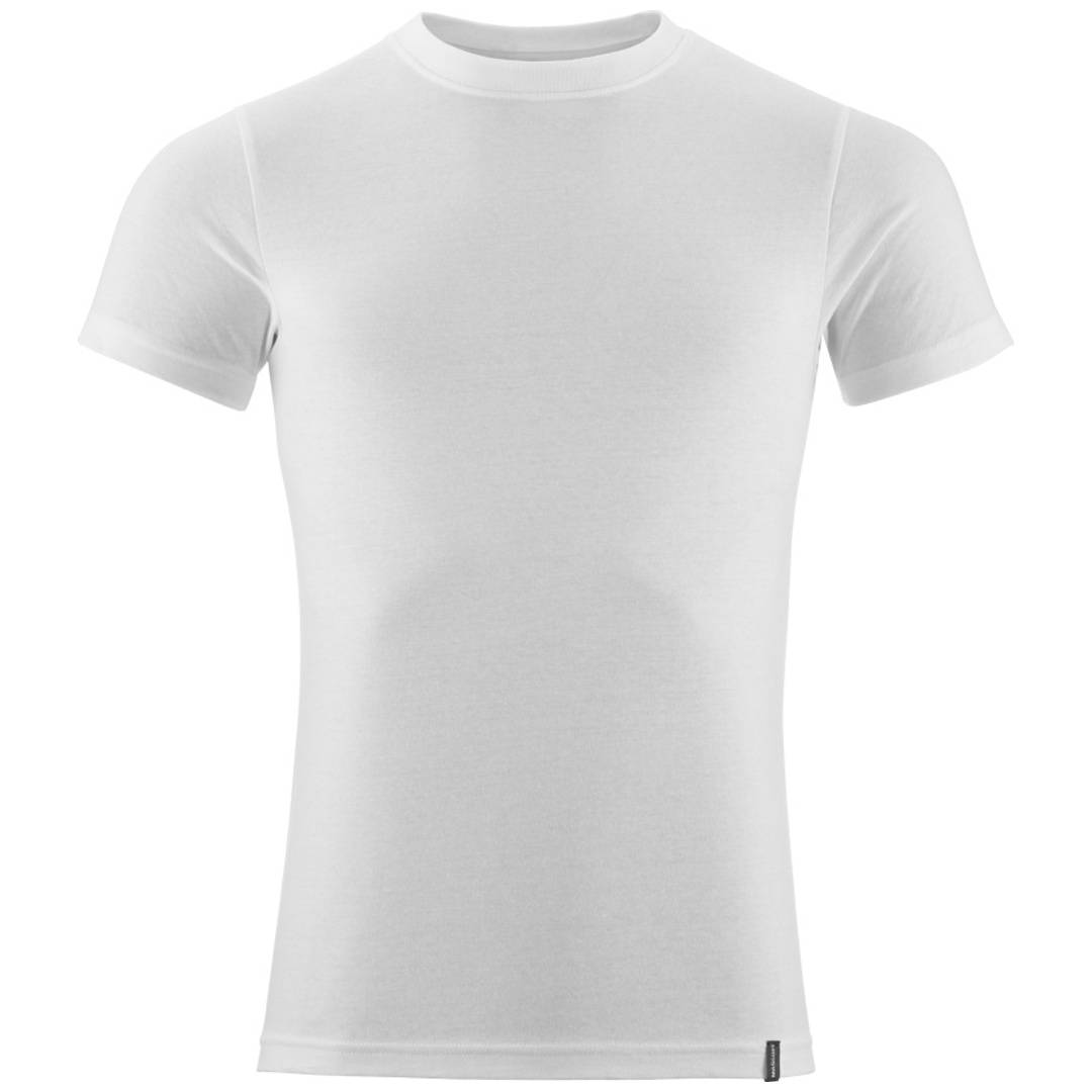Einfaches weißes Kurzarm-Rundhals-T-Shirt auf weißem Hintergrund, Vorderansicht dargestellt.