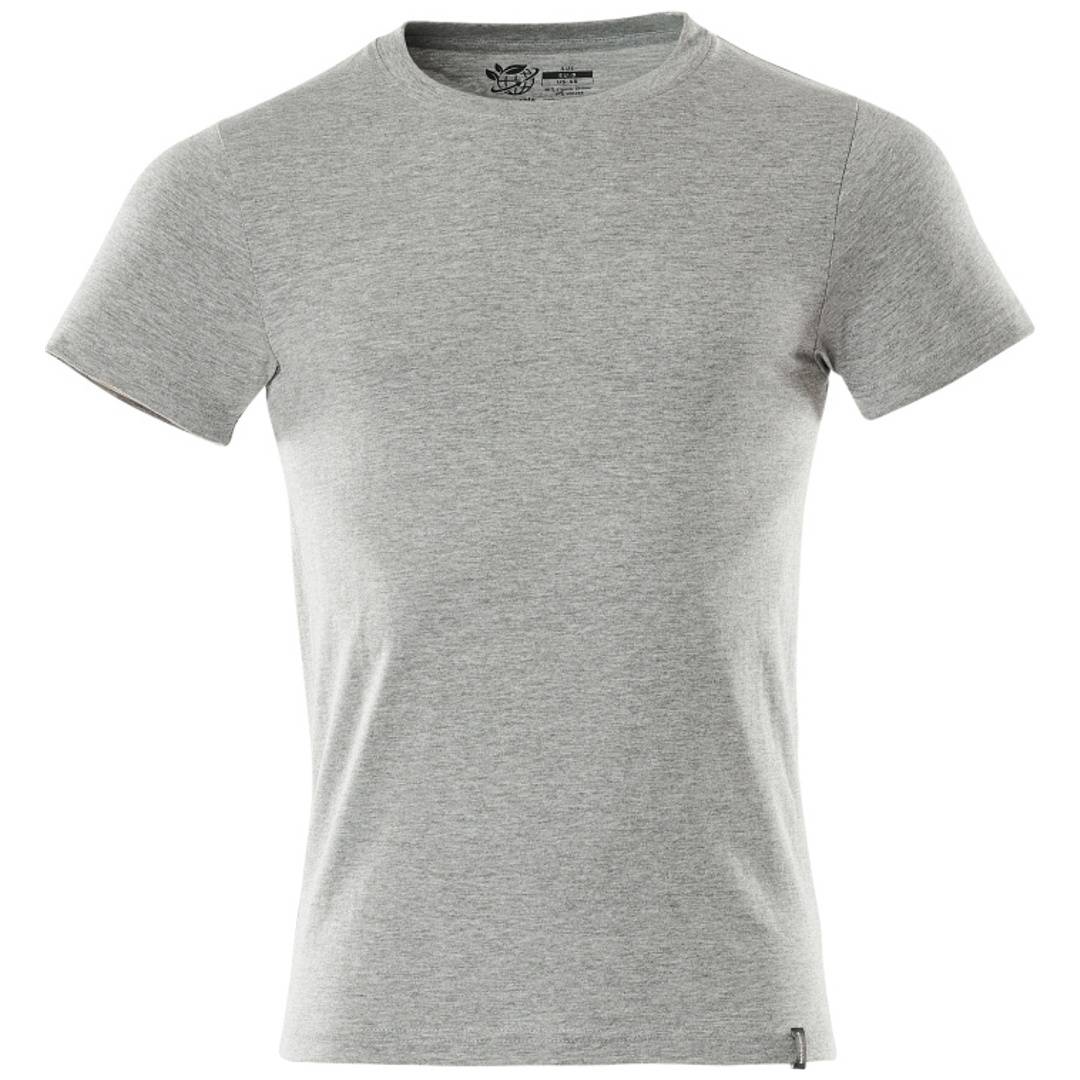 Hellgraues kurzärmliges Rundhals-T-Shirt in Vorderansicht auf weißem Hintergrund.