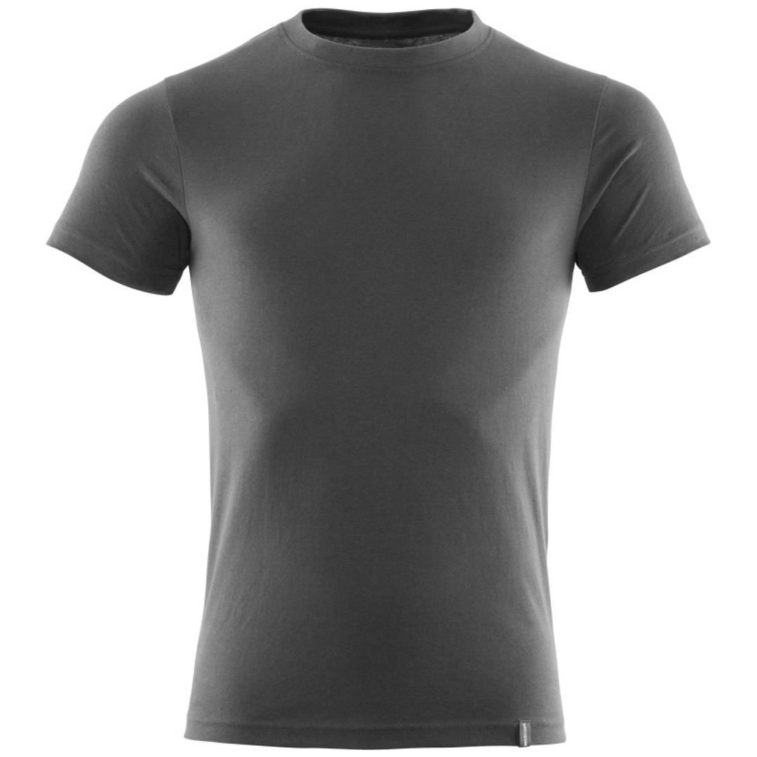 Dunkelgraues T-Shirt mit Rundhalsausschnitt und Kurzarm auf weißem Hintergrund.