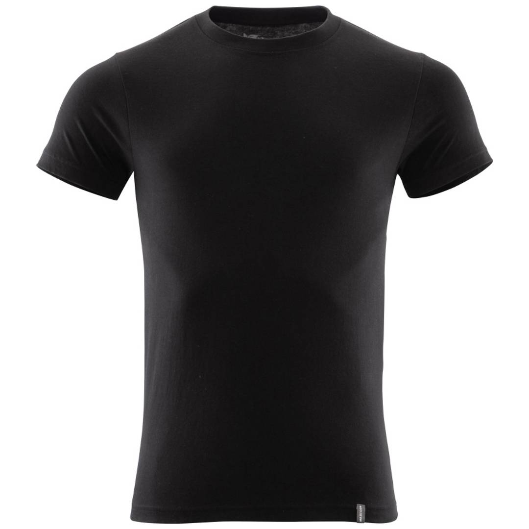 Schwarzes kurzärmeliges T-Shirt mit Rundhalsausschnitt, Vorderansicht auf einfachem weißem Hintergrund.