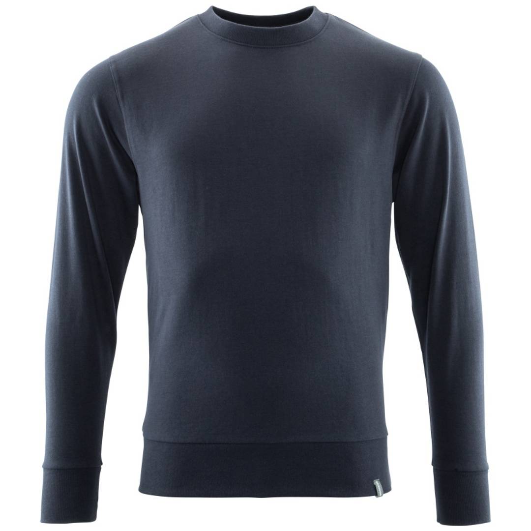 Dunkelmarineblau langärmeliges Crewneck-Shirt in Vorderansicht auf weißem Hintergrund gezeigt.