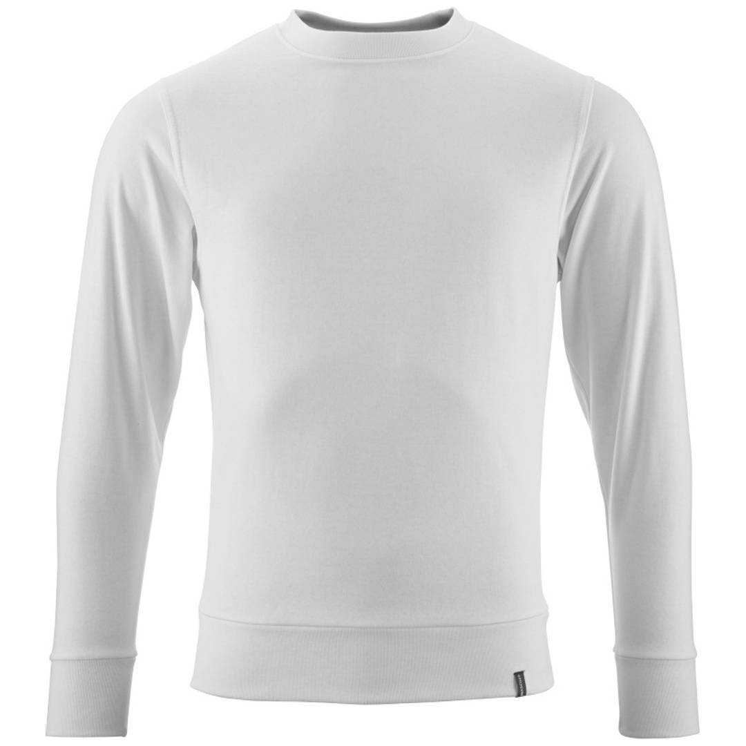 Einfaches weißes Langarm-Rundhals-T-Shirt in Vorderansicht auf weißem Hintergrund.
