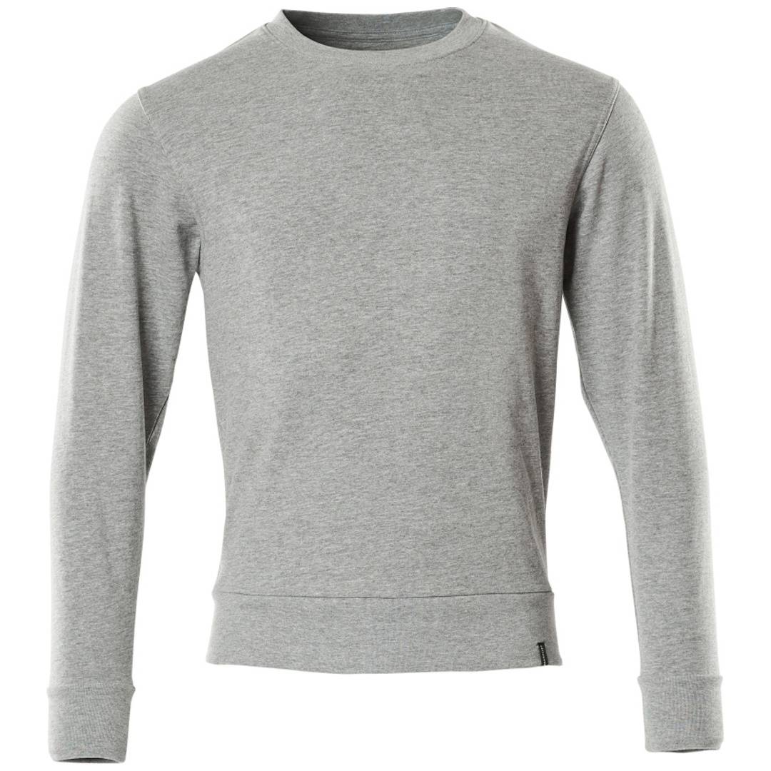 Hellgrauer Sweatshirt mit langen Ärmeln und Rundhalsausschnitt mit gerippten Bündchen und Saum, Vorderansicht auf einfachem Hintergrund dargestellt.