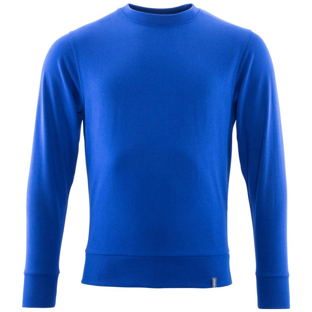Blaues Langarm-Crewneck-Shirt mit geripptem Saum, Vorderansicht auf weißem Hintergrund.