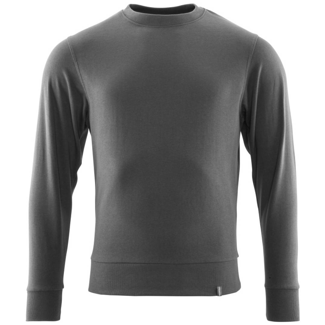 Dunkelgraues Langarm-Rundhals-Sweatshirt in Vorderansicht auf weißem Hintergrund.