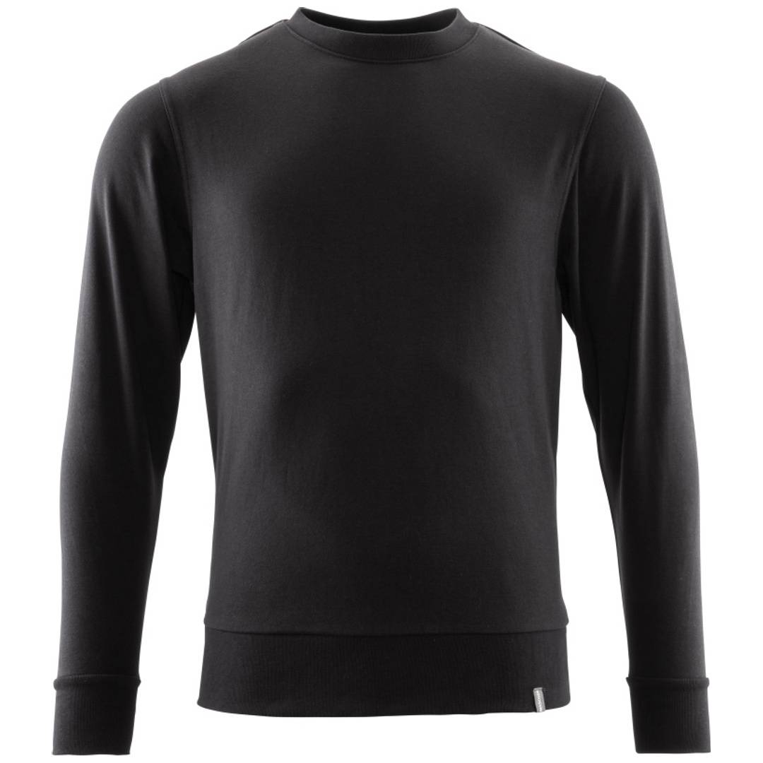 Schwarzes langärmeliges Crewneck-Shirt mit tailliertem Schnitt und geripptem Saum, Vorderansicht auf weißem Hintergrund.
