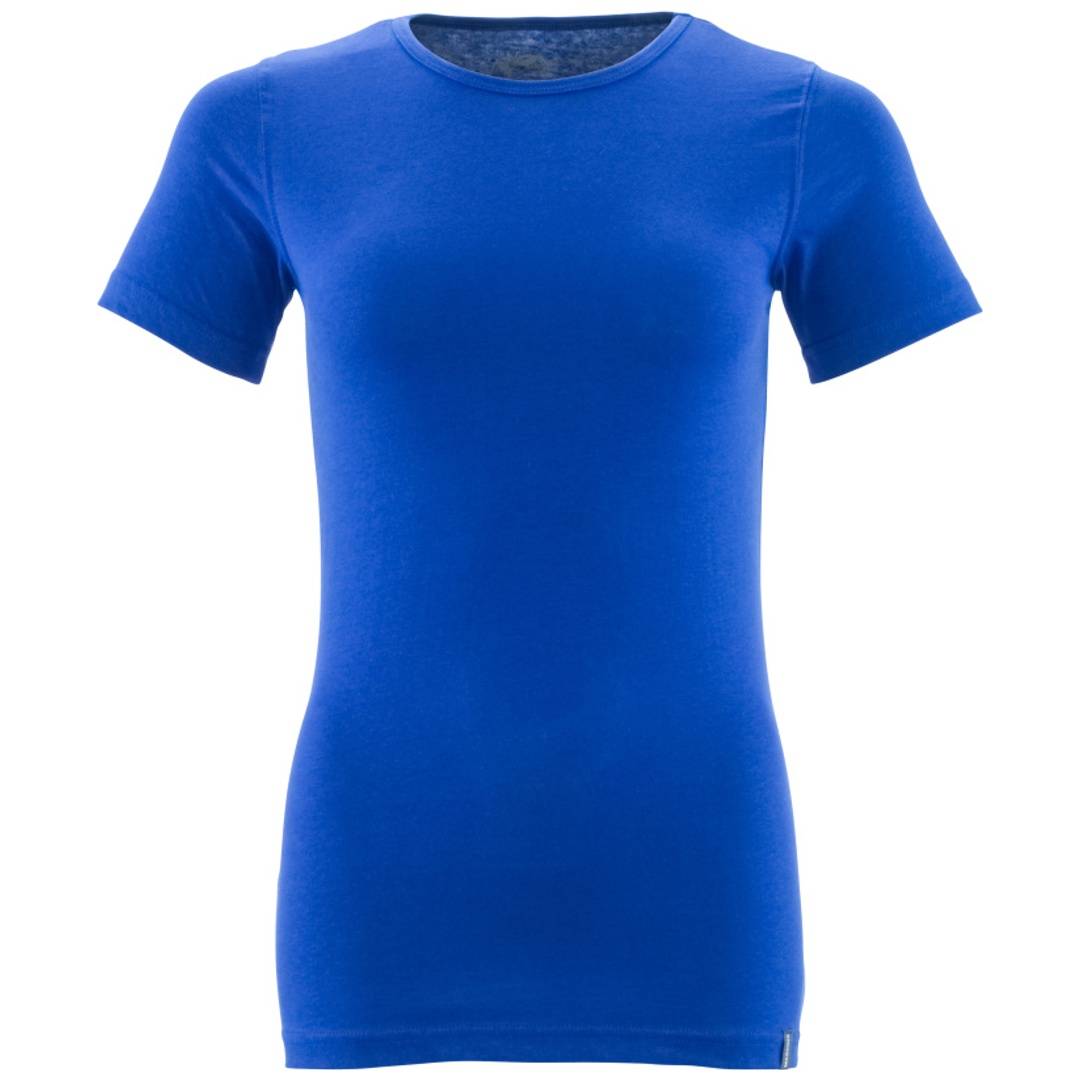 Königsblaues kurzärmeliges Crewneck-T-Shirt auf einfachem weißem Hintergrund.