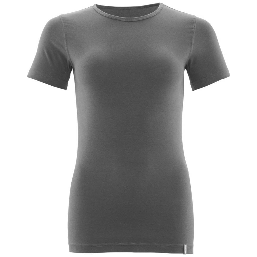 Graues kurzärmeliges Rundhals-T-Shirt in Frontansicht auf weißem Hintergrund.