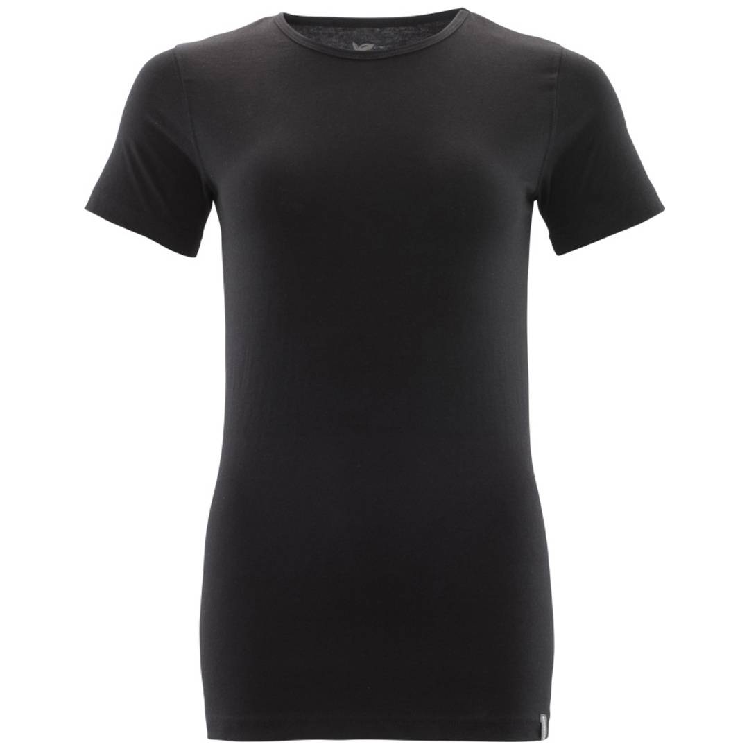 Schwarzes kurzärmeliges Rundhals-T-Shirt von vorne auf weißem Hintergrund gezeigt.