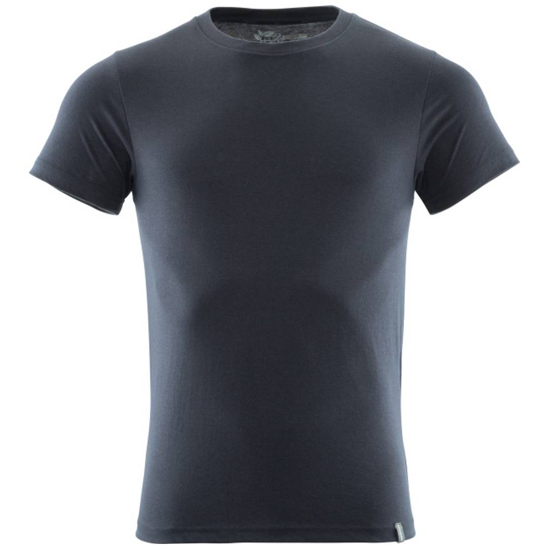 Dunkelgraues kurzärmeliges Crewneck-T-Shirt auf schlicht weißem Hintergrund.