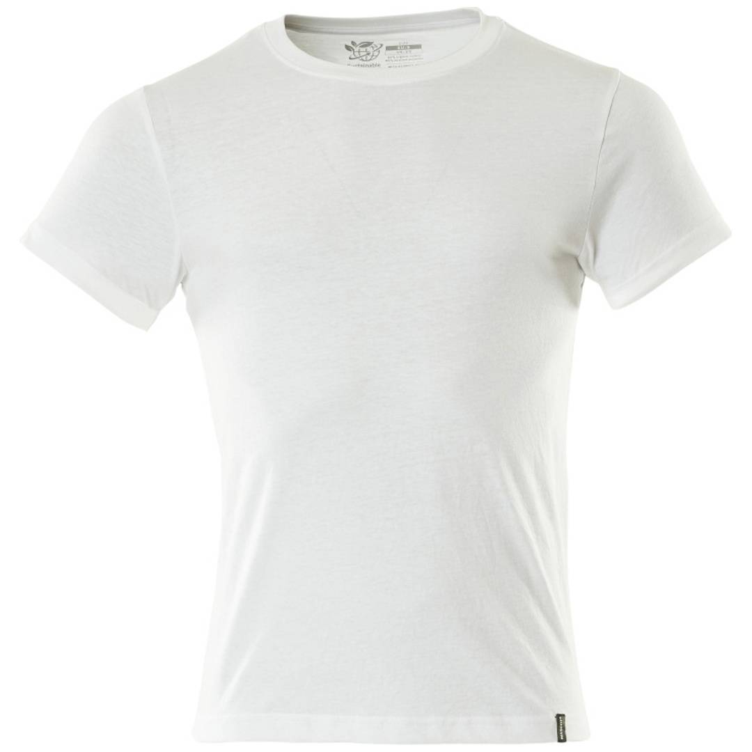Schlicht weißes T-Shirt mit Kurzarm und Rundhalsausschnitt, Vorderansicht auf weißem Hintergrund.