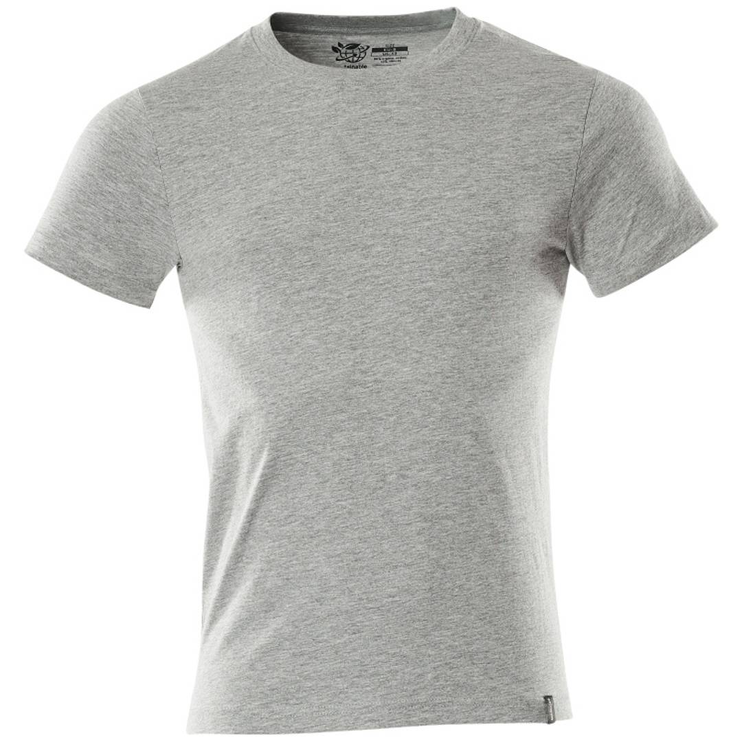 Hellgraues kurzärmeliges Rundhals-T-Shirt, Vorderansicht auf weißem Hintergrund gezeigt.