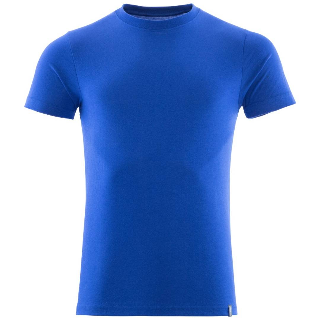 Einfaches königsblaues kurzärmeliges Crewneck-T-Shirt auf weißem Hintergrund.