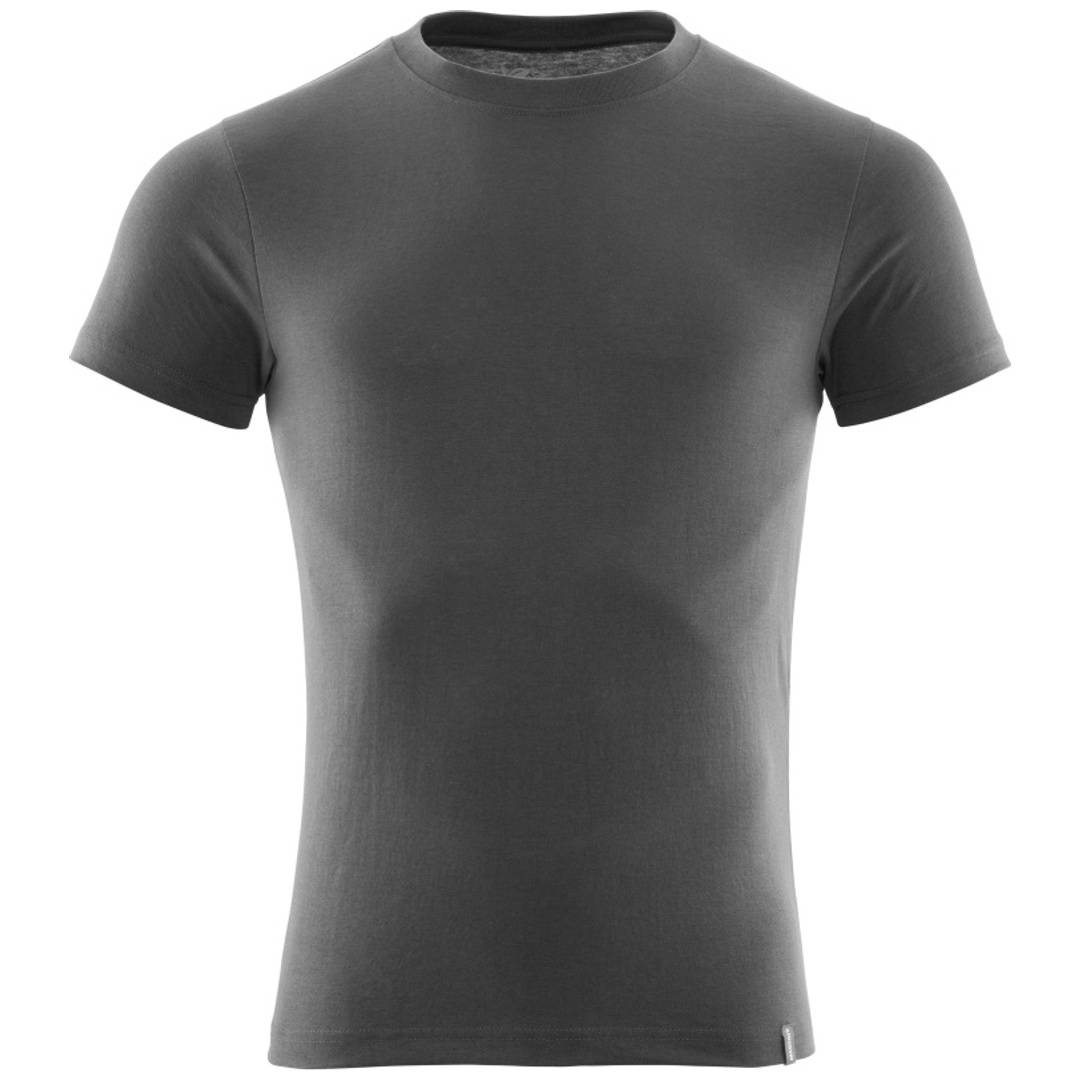 Graues Kurzarm-T-Shirt mit Rundhalsausschnitt, Vorderansicht auf weißem Hintergrund.