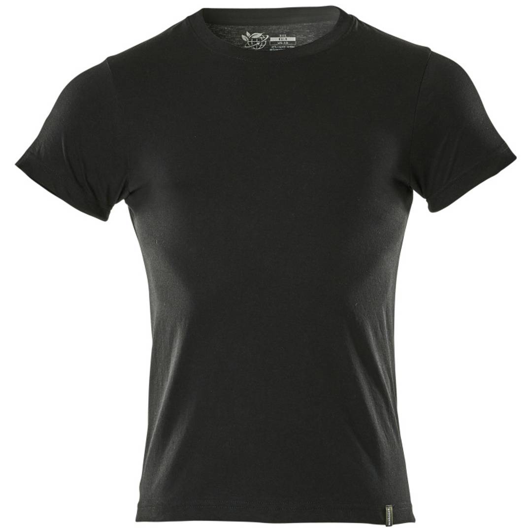 Schwarzes T-Shirt mit Kurzarm und Rundhalsausschnitt, frontal auf weißem Hintergrund dargestellt.