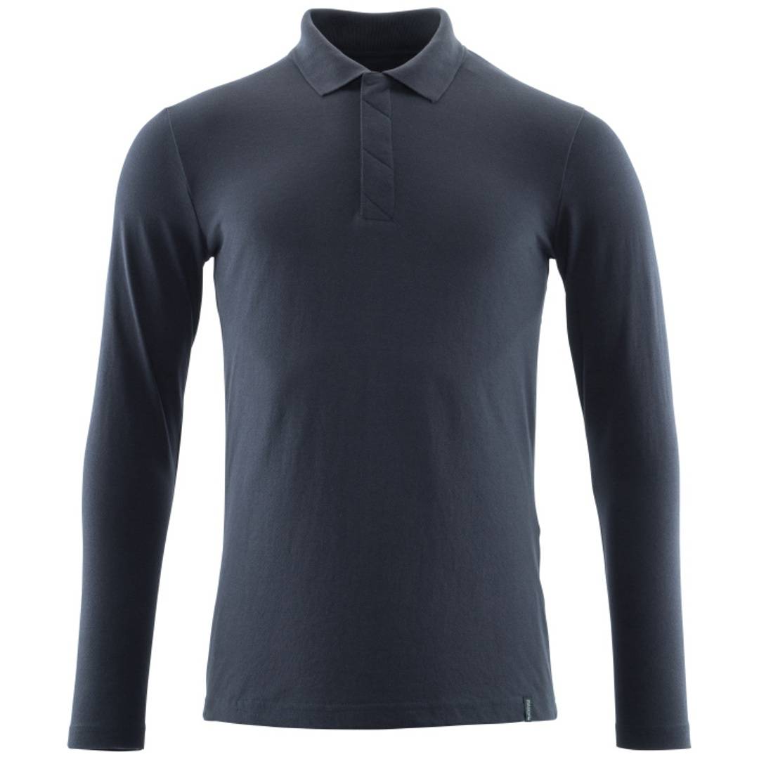 Dunkelblaues Langarm-Poloshirt mit Kragen und dreigeteilter Knopfleiste, in Vorderansicht auf neutralem Hintergrund gezeigt.