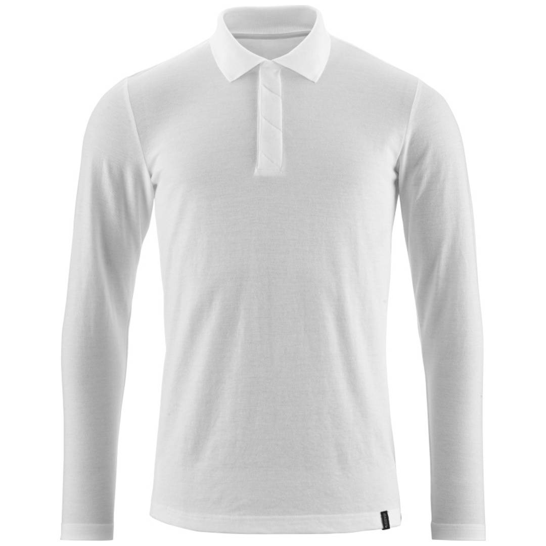 Hellgraues Poloshirt mit langen Ärmeln, Kragen und Knopfleiste, von vorne auf weißem Hintergrund abgebildet.