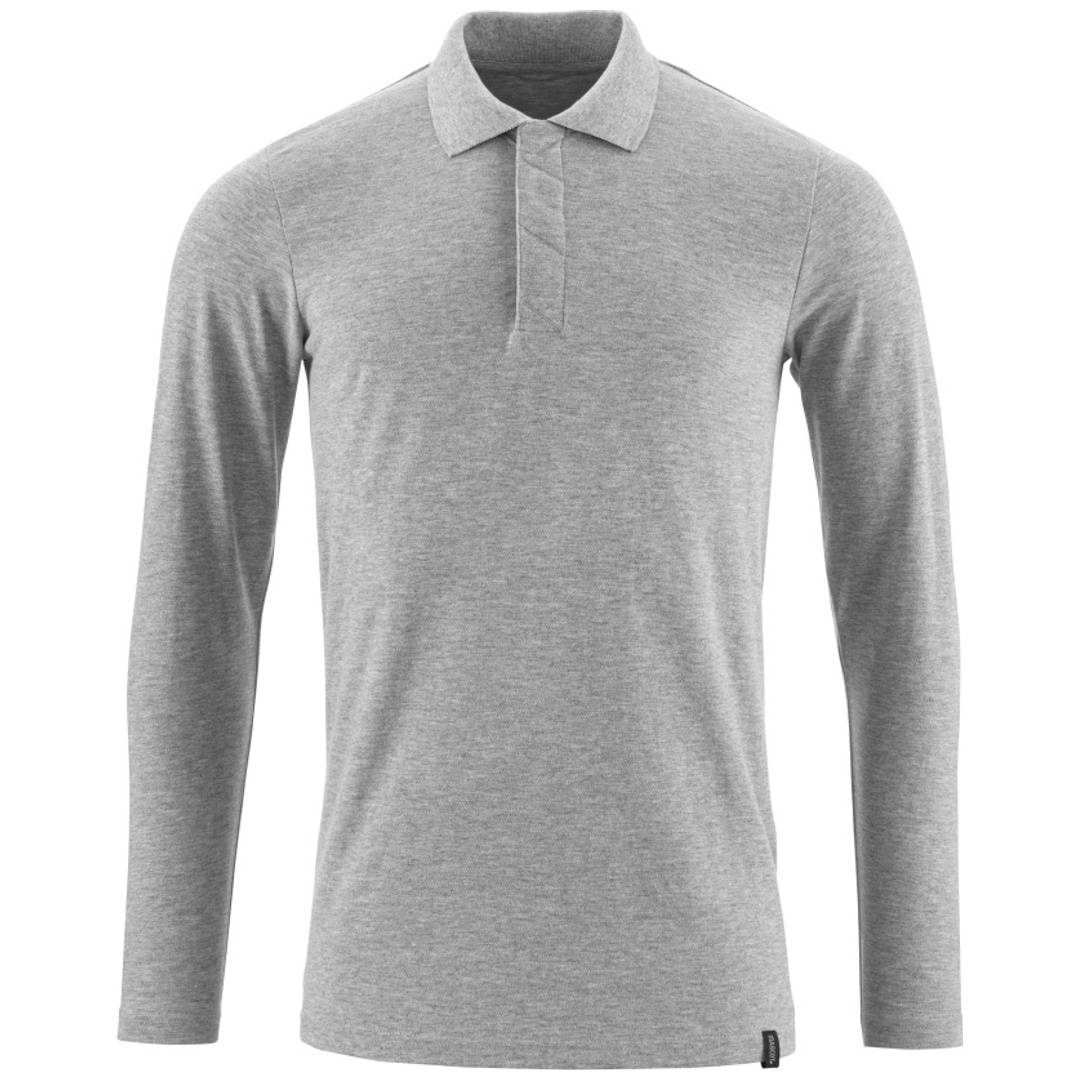Graues Poloshirt mit langen Ärmeln, Kragen und kurzer Knopfleiste, Vorderansicht auf einfachem weißem Hintergrund.