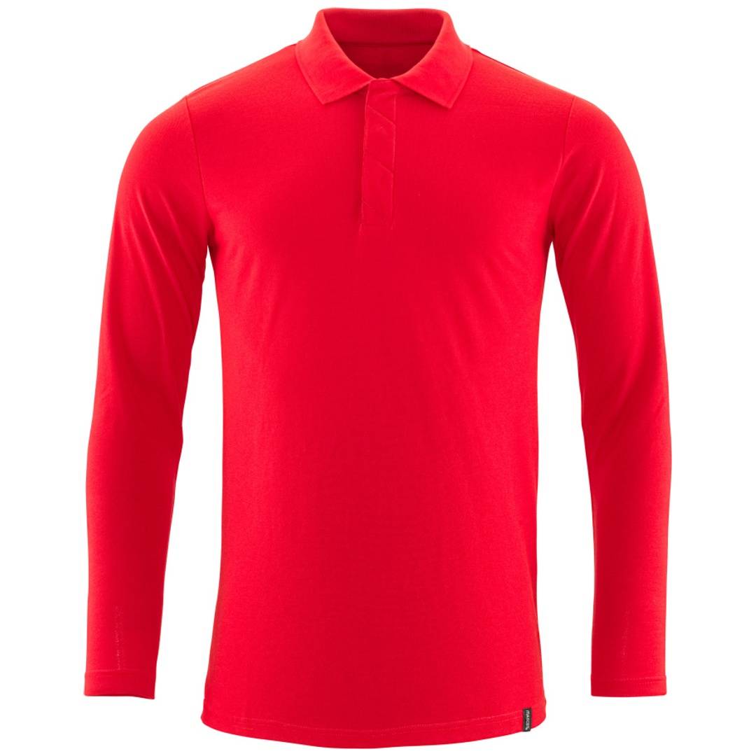 Rotes Langarm-Poloshirt mit Kragen, Vorderansicht auf weißem Hintergrund gezeigt.