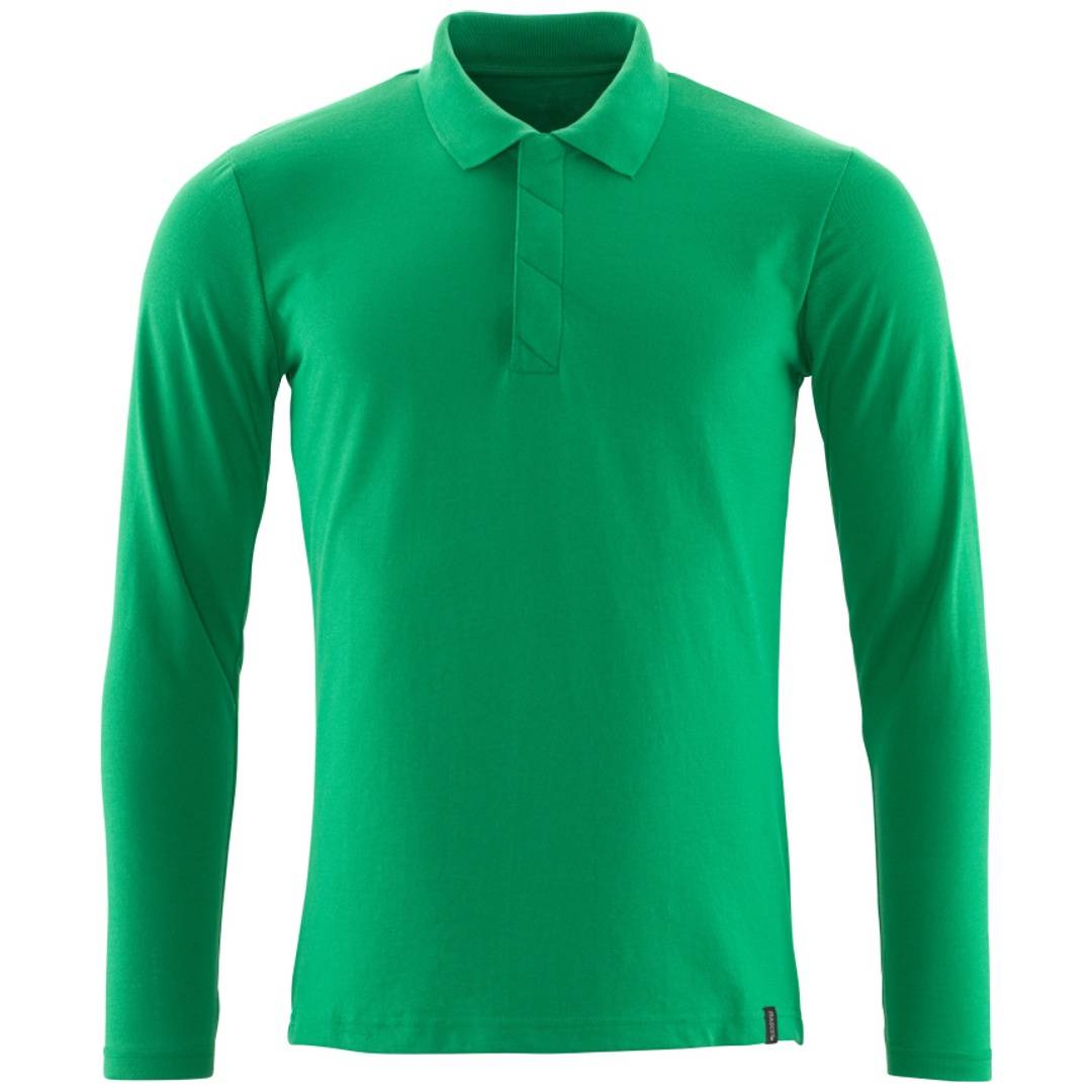 Grünes Langarm-Poloshirt mit Kragen und Knopfleiste, Vorderansicht auf weißem Hintergrund.