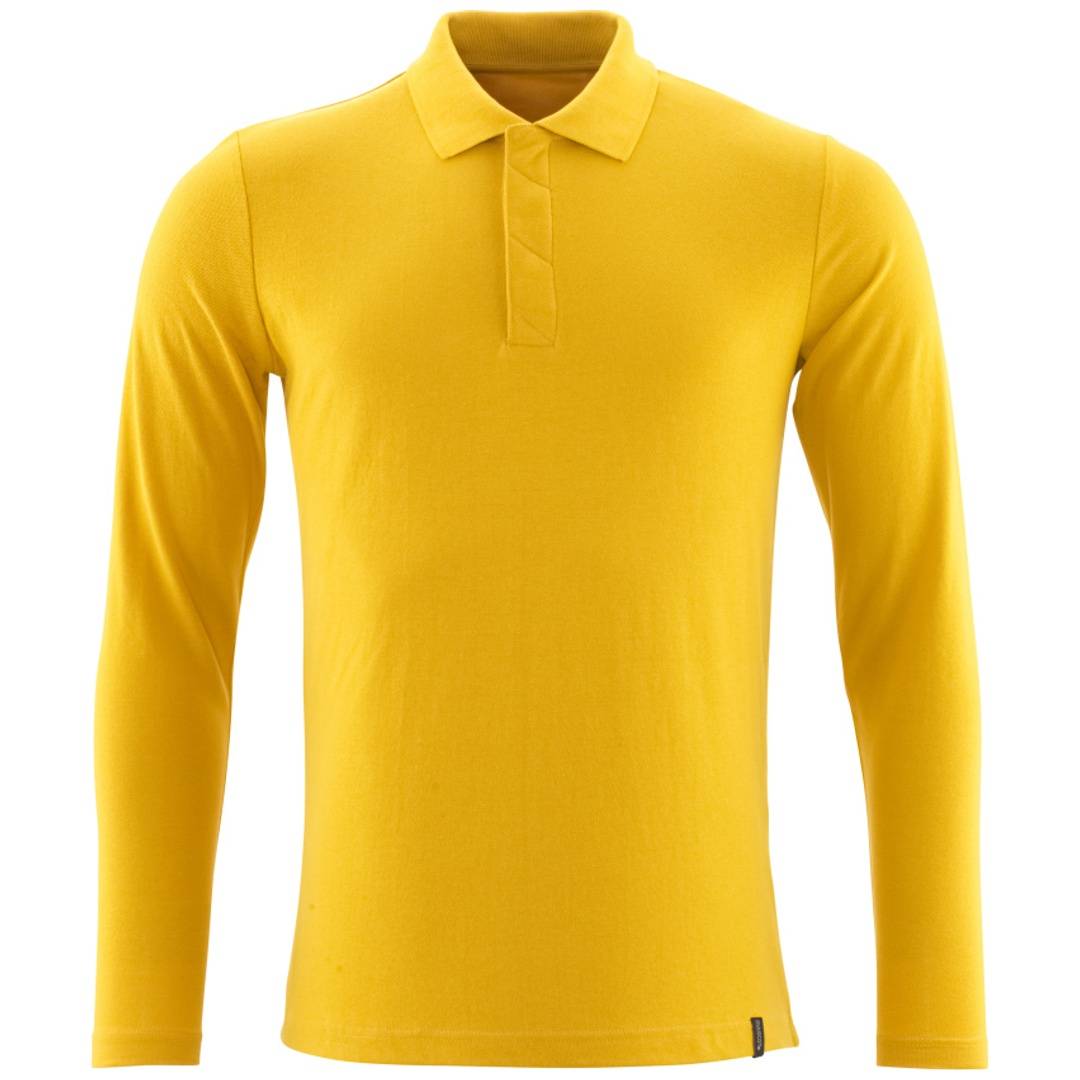 Gelbes Langarm-Poloshirt mit Kragen und dreiknöpfiger Knopfleiste auf schlicht weißem Hintergrund.